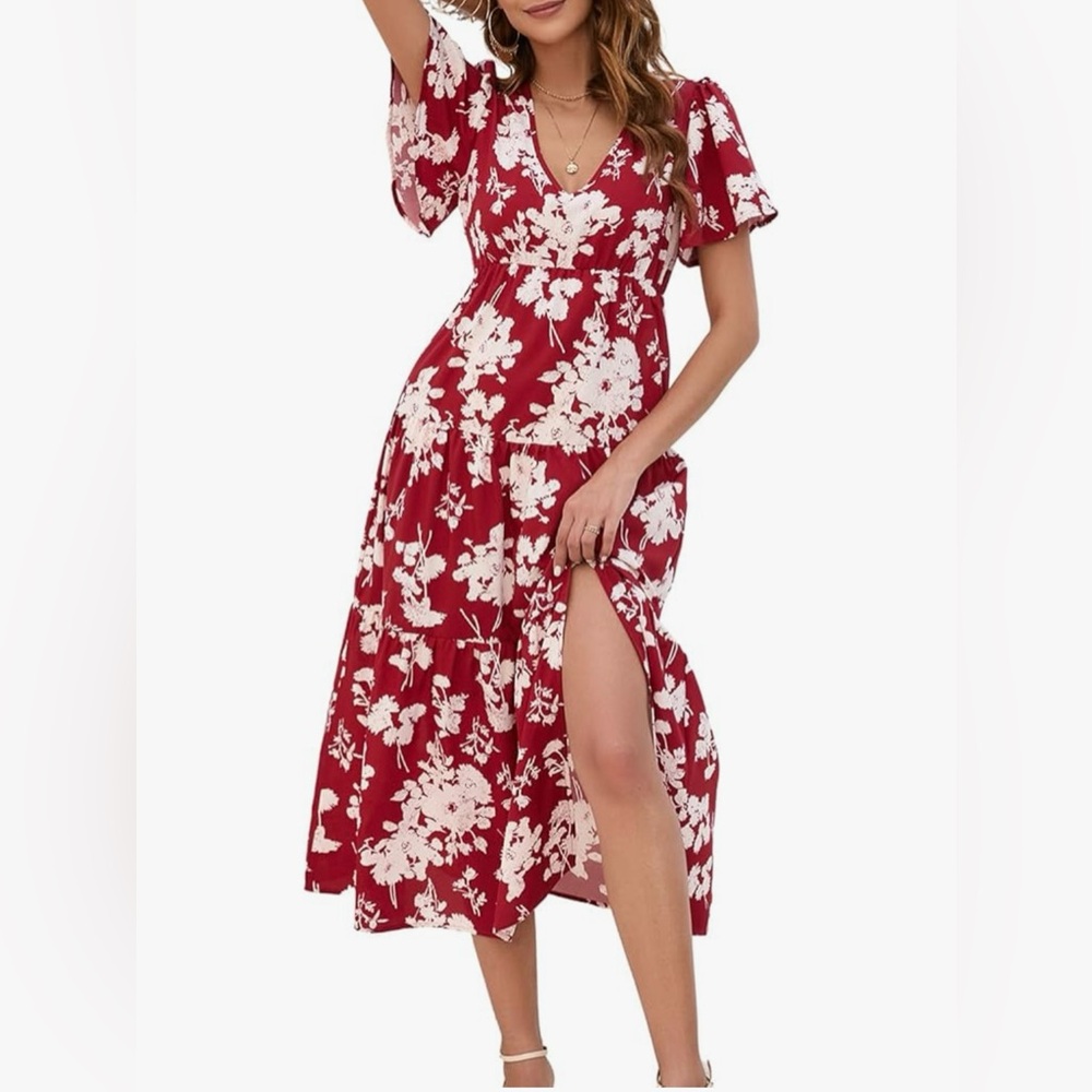 BLUEMING Women's L Bohemian Floral V Neck Ruffle Hem A-Line Short Sleeve NEW -B4